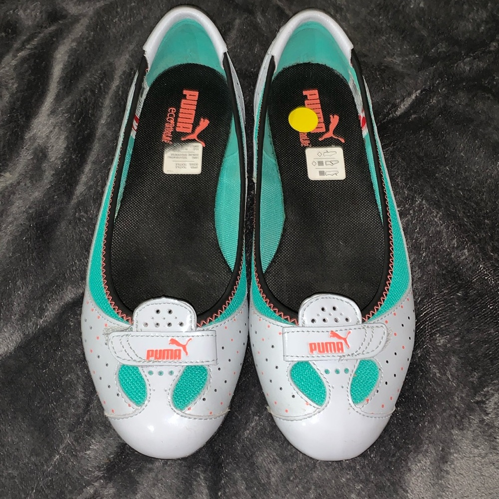 Puma eco Ortho Life new slip on flats Sz 8 tiny polka dots!! Gray teal pink shoe